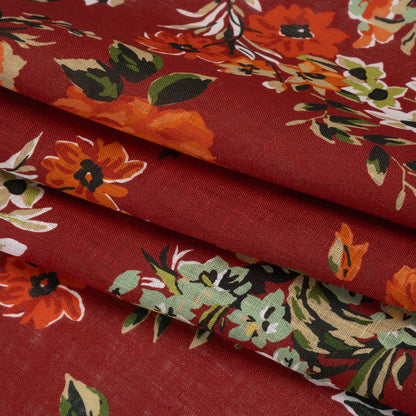 Medium Weight Linen Woven Print - Wine Red, Green and Dark Orange Floral