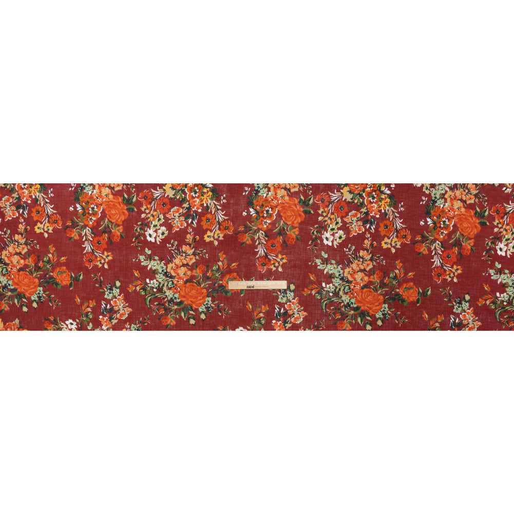 Medium Weight Linen Woven Print - Wine Red, Green and Dark Orange Floral - Full