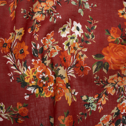 Medium Weight Linen Woven Print - Wine Red, Green and Dark Orange Floral