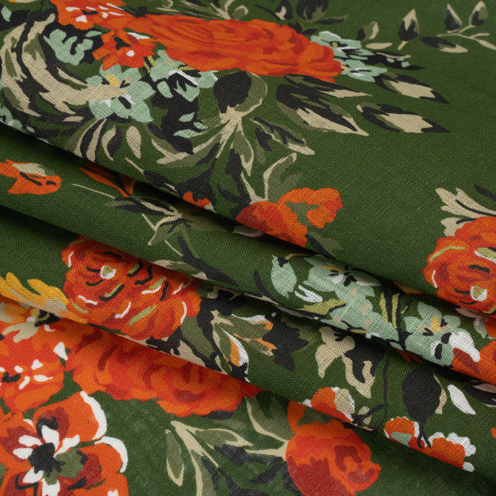 Medium Weight Linen Woven Print - Forest Green, Dark Orange and Mint Floral - Folded