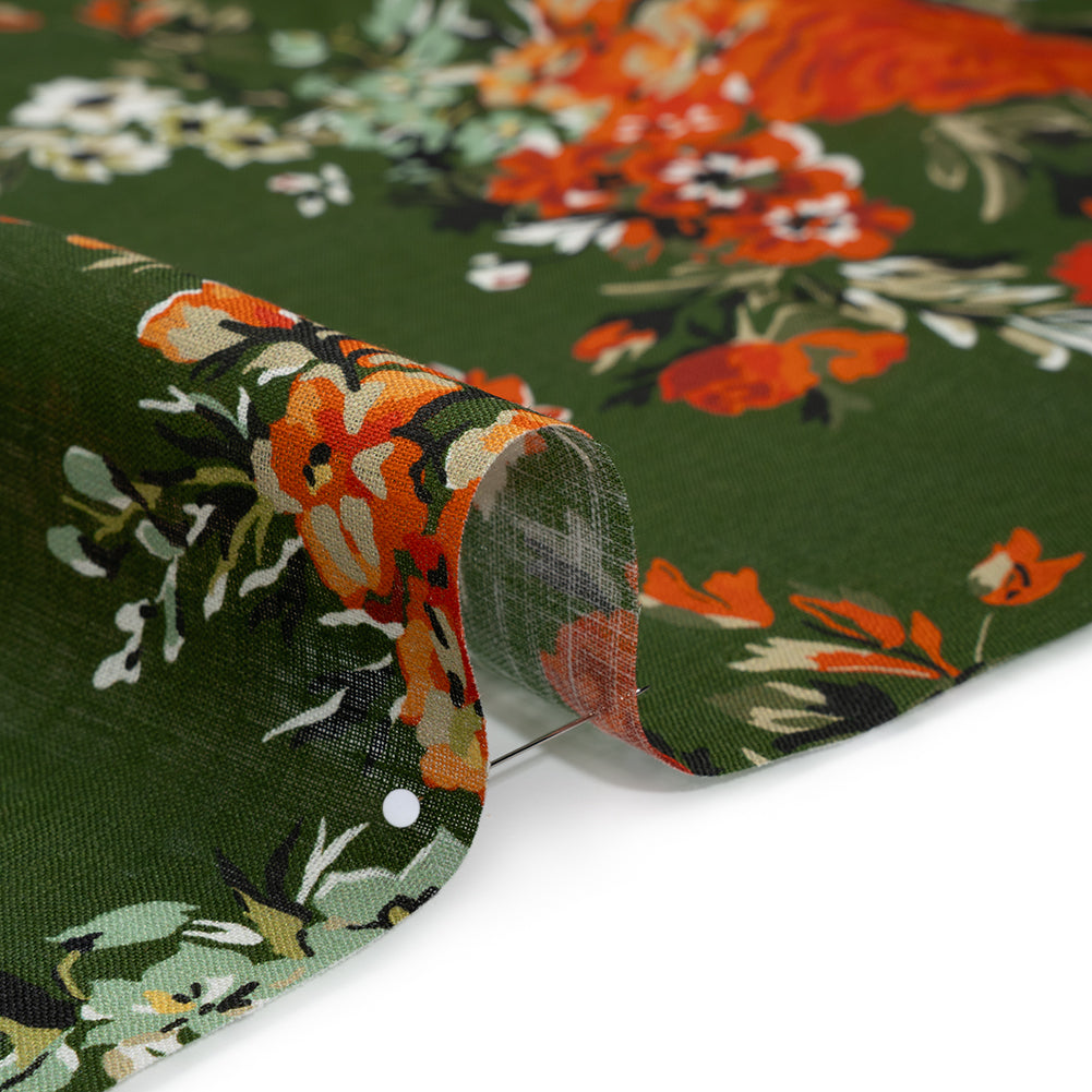 Medium Weight Linen Woven Print - Forest Green, Dark Orange and Mint Floral - Detail