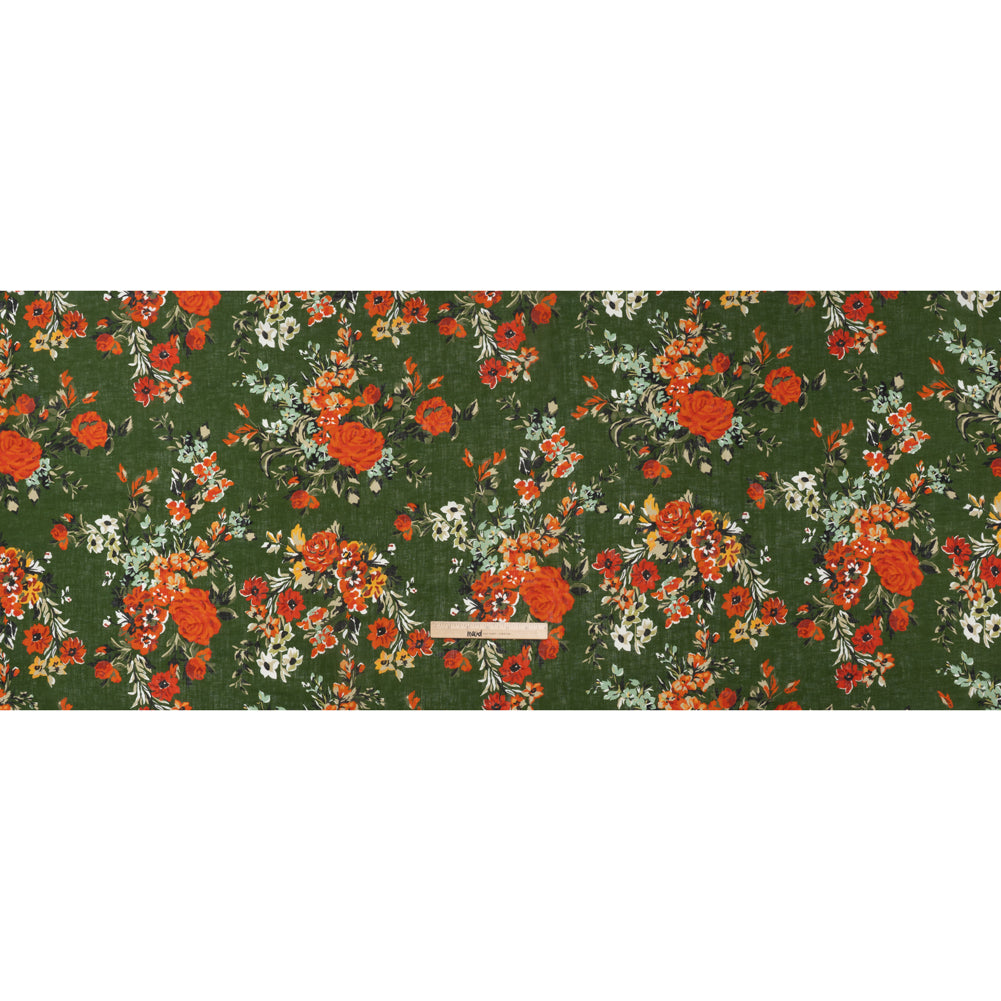 Medium Weight Linen Woven Print - Forest Green, Dark Orange and Mint Floral - Full