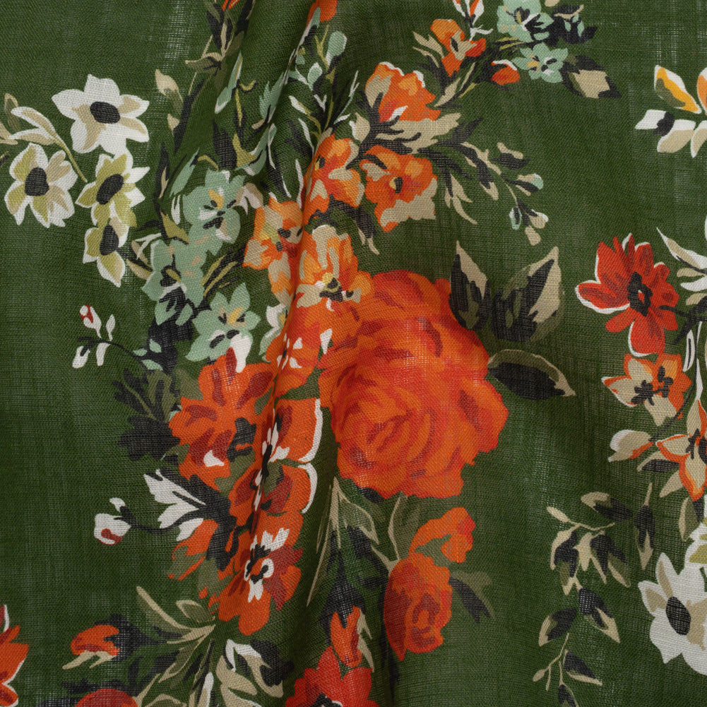 Medium Weight Linen Woven Print - Forest Green, Dark Orange and Mint Floral