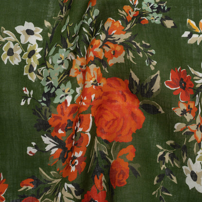 Medium Weight Linen Woven Print - Forest Green, Dark Orange and Mint Floral
