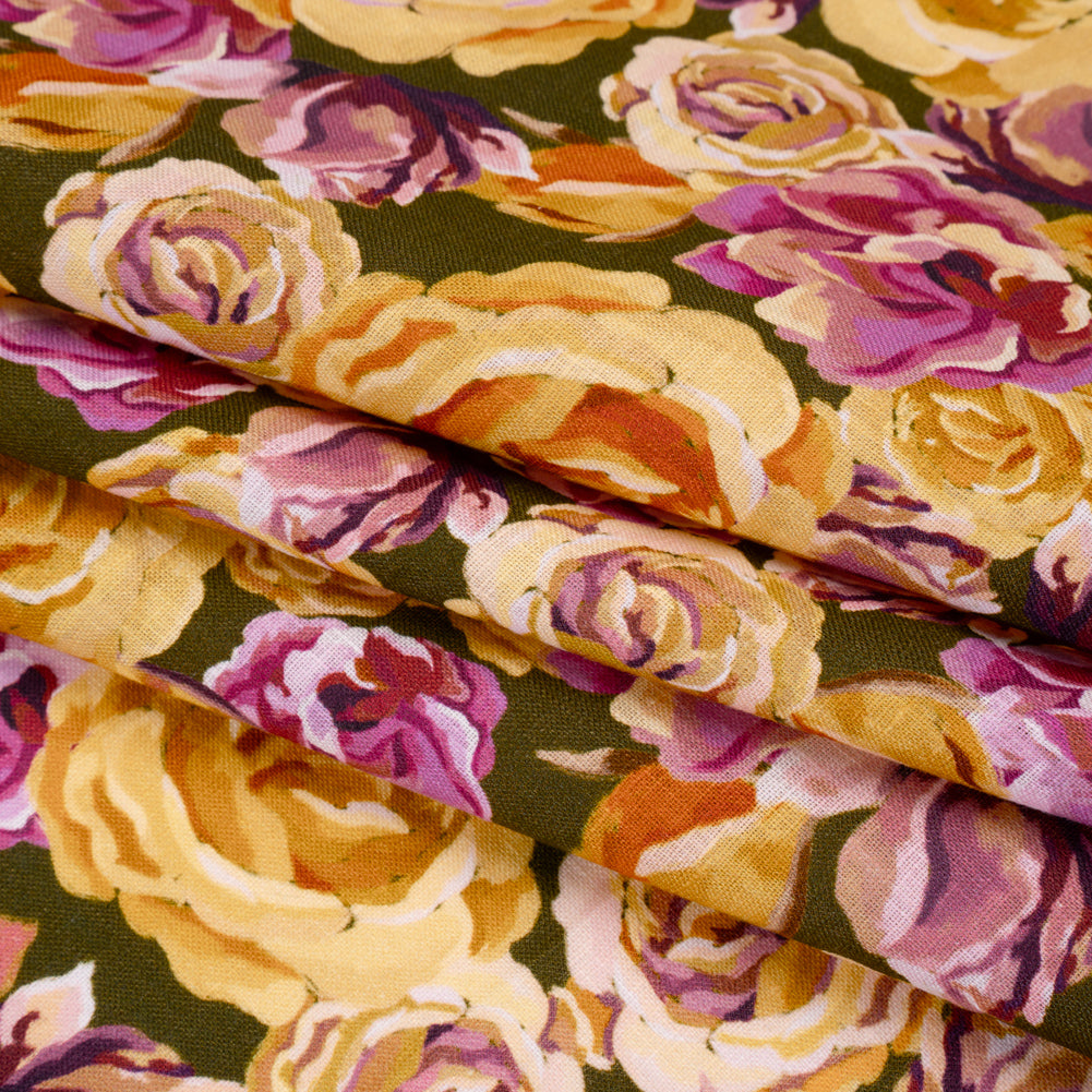 Medium Weight Linen Woven Print - Mustard Yellow, Magenta Pink and Dark Olive Green Roses - Folded