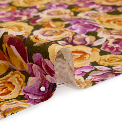 Medium Weight Linen Woven Print - Mustard Yellow, Magenta Pink and Dark Olive Green Roses