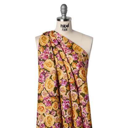 Medium Weight Linen Woven Print - Mustard Yellow, Magenta Pink and Dark Olive Green Roses