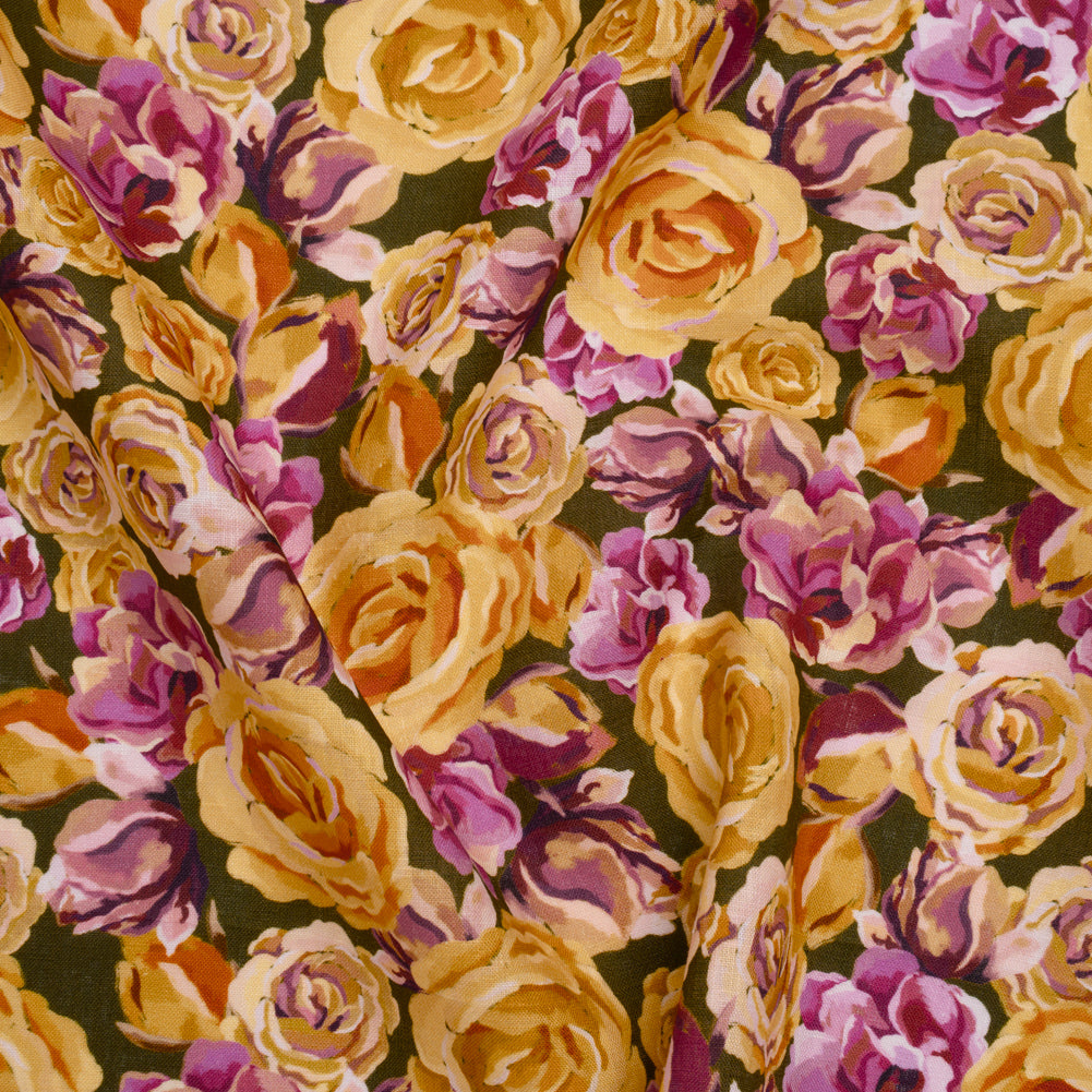 Medium Weight Linen Woven Print - Mustard Yellow, Magenta Pink and Dark Olive Green Roses