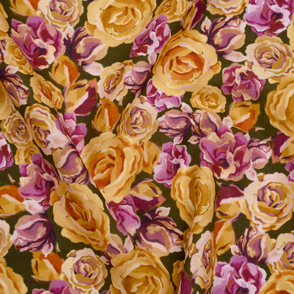 Medium Weight Linen Woven Print - Mustard Yellow, Magenta Pink and Dark Olive Green Roses