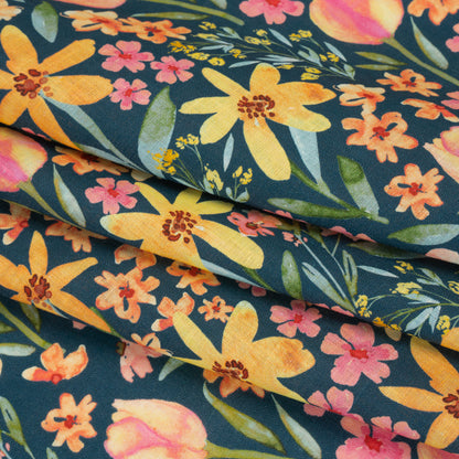 Medium Weight Linen Woven Print - Dark Teal, Orange and Pink Tulip Garden