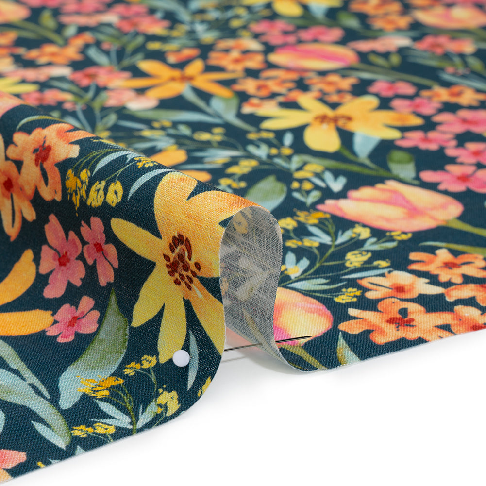 Medium Weight Linen Woven Print - Dark Teal, Orange and Pink Tulip Garden - Detail