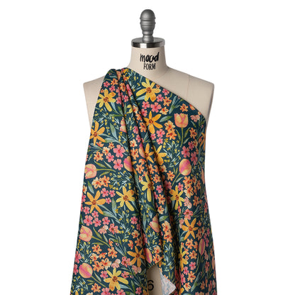 Medium Weight Linen Woven Print - Dark Teal, Orange and Pink Tulip Garden