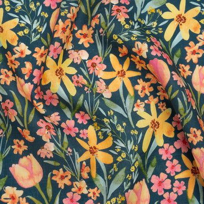Medium Weight Linen Woven Print - Dark Teal, Orange and Pink Tulip Garden