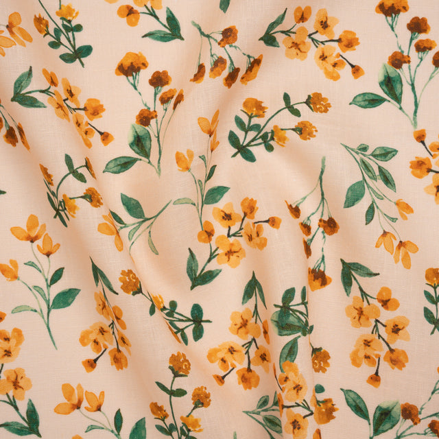 Medium Weight Linen Woven Print - Peach, Orange and Emerald Green Little Flower Bunches