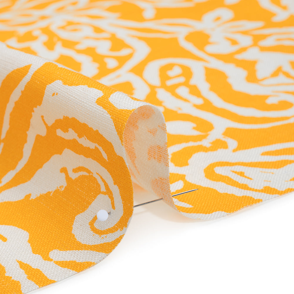 Medium Weight Linen Woven Print - Sun Yellow and White Rustic Floral and Paisley - Detail