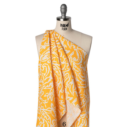 Medium Weight Linen Woven Print - Sun Yellow and White Rustic Floral and Paisley