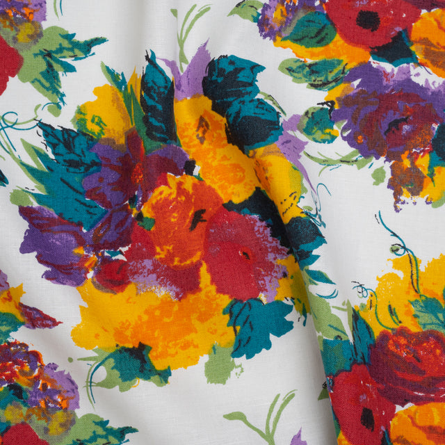 Medium Weight Linen Woven Print - Teal, Red and Purple Painterly Florals