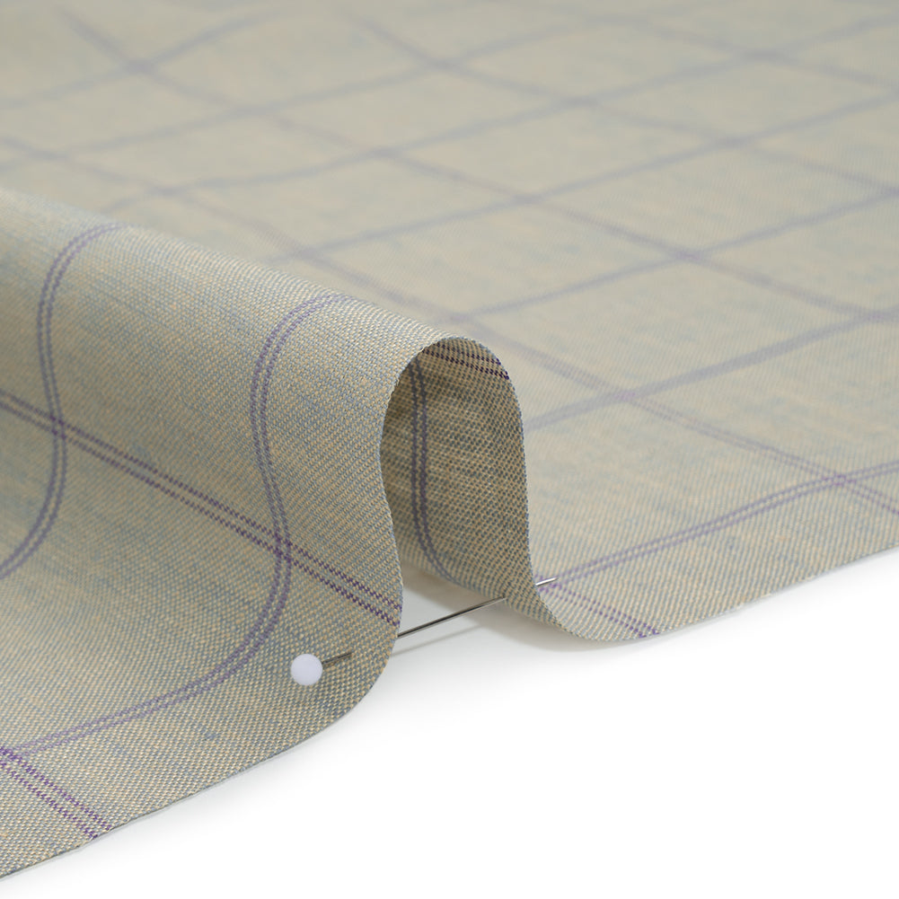 Medium Weight Linen Woven - Muted Blue and Light Purple Windowpane Checks - Detail