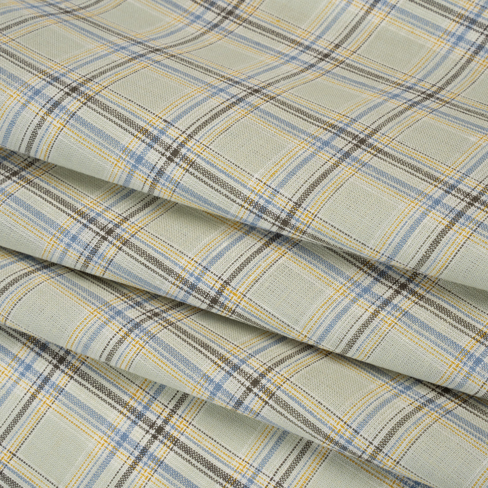 Medium Weight Linen Woven - Light Sage, Yellow and Country Blue Plaid - Folded