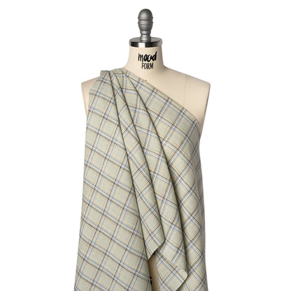 Medium Weight Linen Woven - Light Sage, Yellow and Country Blue Plaid