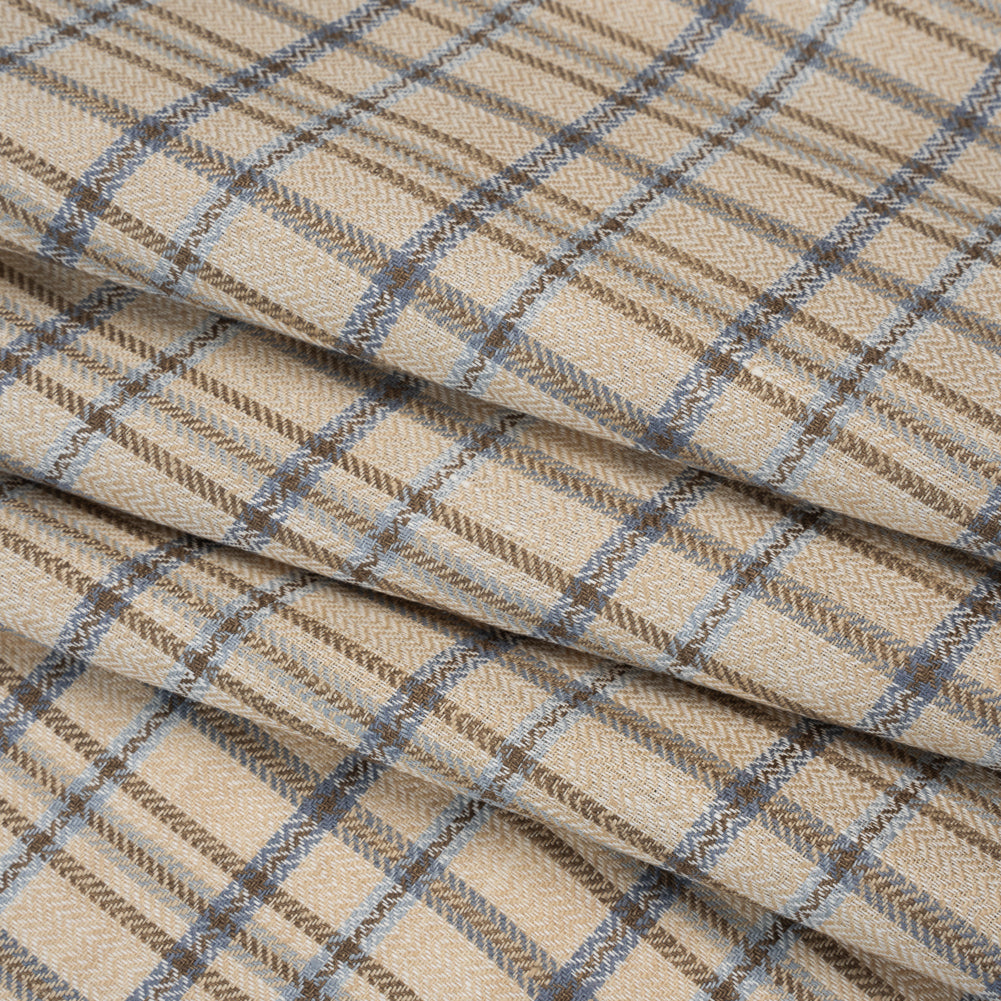 Linen Herringbone Twill - Beige, Blue and Brown Plaid - Folded