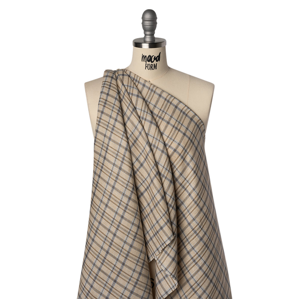 Linen Herringbone Twill - Beige, Blue and Brown Plaid - Drape