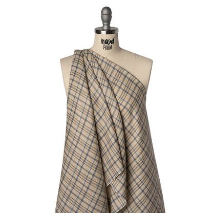 Linen Herringbone Twill - Beige, Blue and Brown Plaid