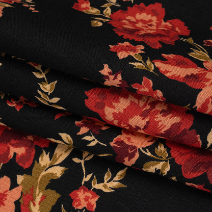 Linen Print - Crimson Red, Salmon Pink and Black Floral - Designer Deadstock