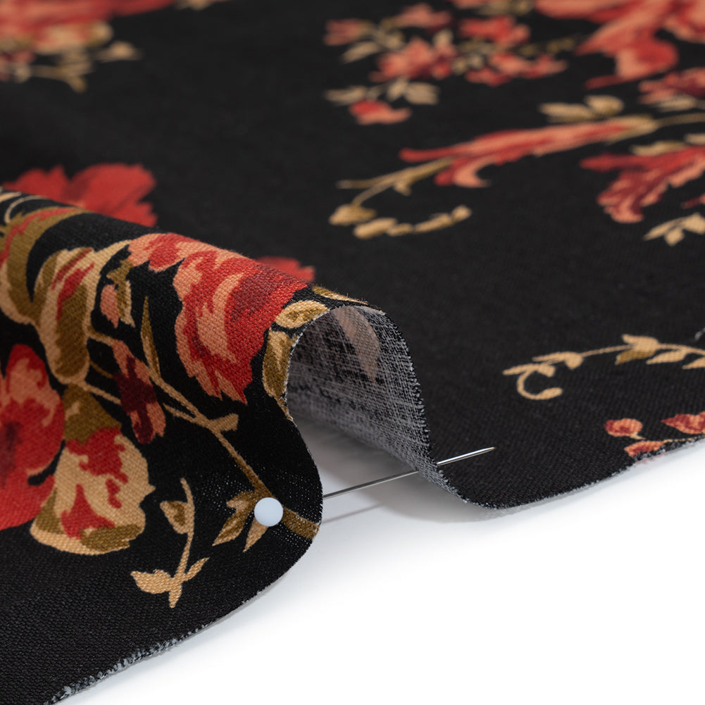 Linen Print - Crimson Red, Salmon Pink and Black Floral - Designer Deadstock - Detail