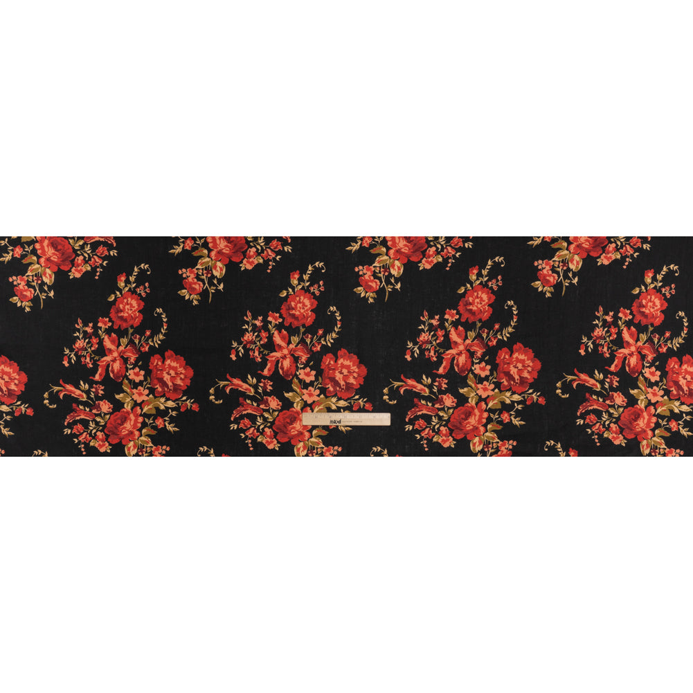 Linen Print - Crimson Red, Salmon Pink and Black Floral - Designer Deadstock - Full