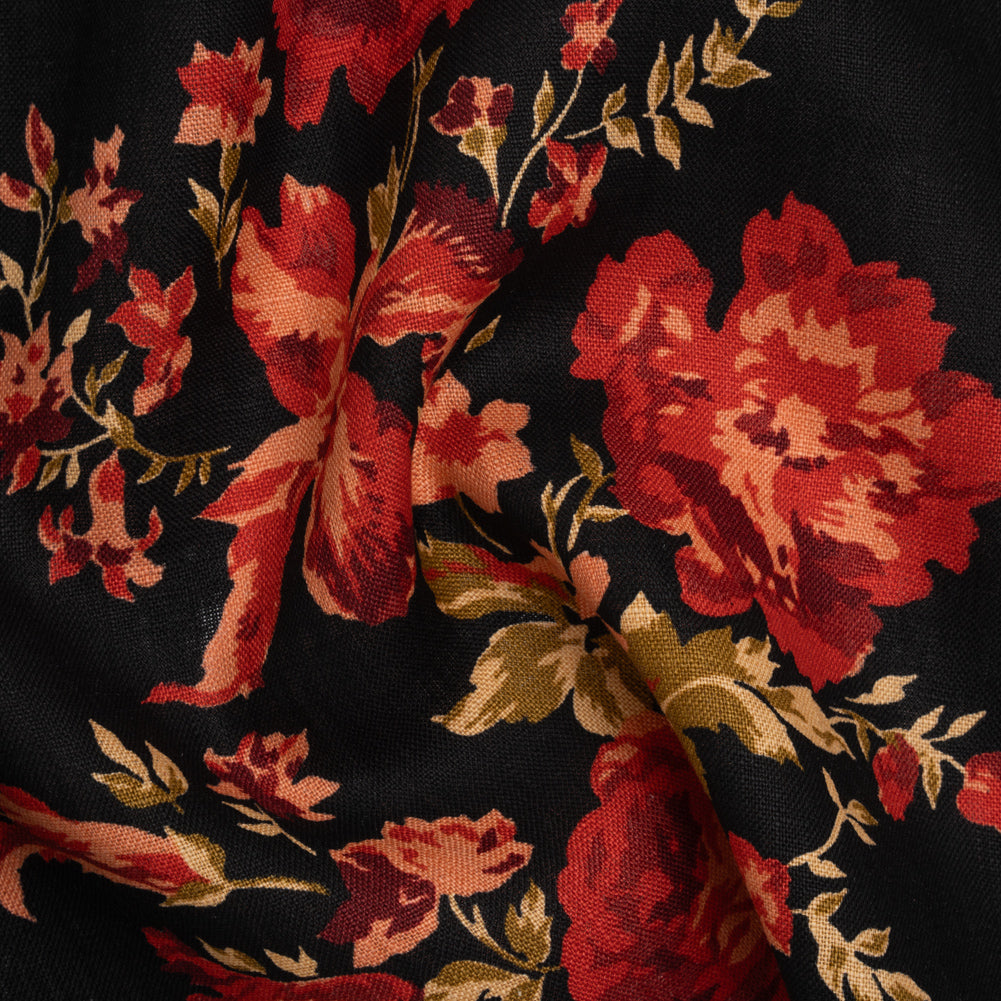 Linen Print - Crimson Red, Salmon Pink and Black Floral - Designer Deadstock