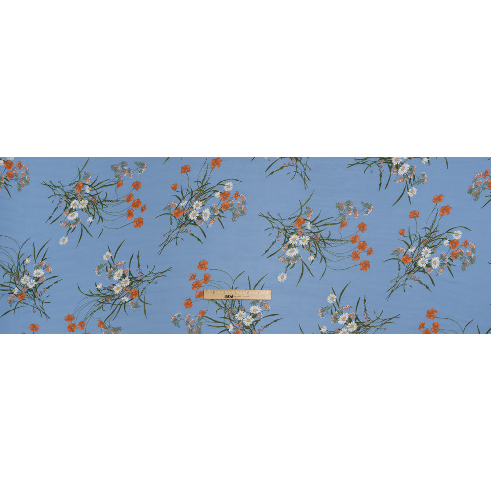 Viscose Georgette Print - Salmon Pink, Dark Moss Green and Cornflower Blue Wildflower Floral - Designer Deadstock - Full