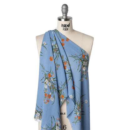 Viscose Georgette Print - Salmon Pink, Dark Moss Green and Cornflower Blue Wildflower Floral - Designer Deadstock