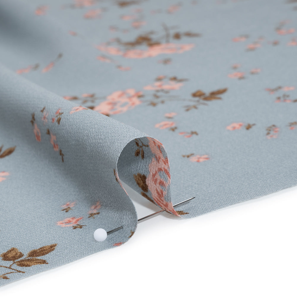 Viscose Georgette Print - Stone Blue and Soft Princess Pink Floral - Designer Deadstock - Detail