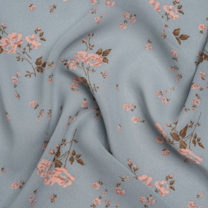 Viscose Georgette Print - Stone Blue and Soft Princess Pink Floral - Designer Deadstock