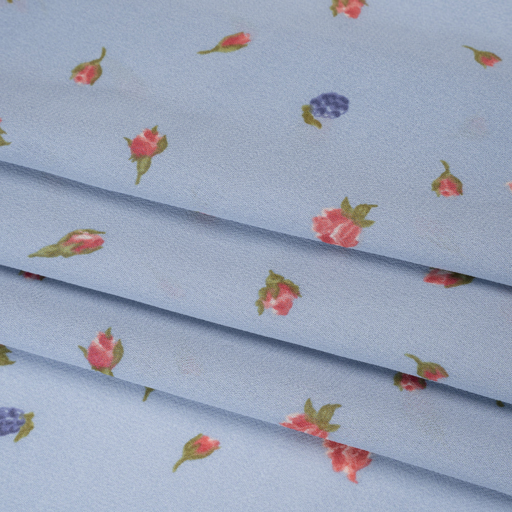 Viscose Georgette Print - Periwinkle Blue, Blush Pink and Royal Purple Berry Floral - Designer Deadstock - Folded