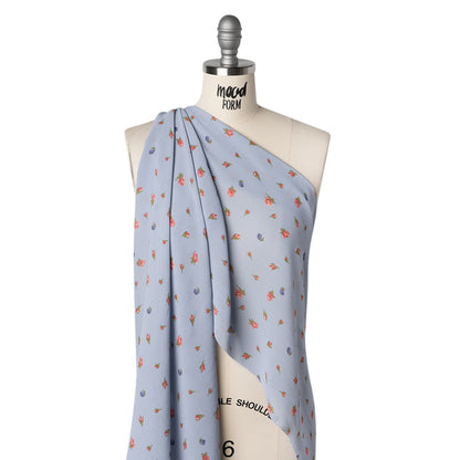 Viscose Georgette Print - Periwinkle Blue, Blush Pink and Royal Purple Berry Floral - Designer Deadstock