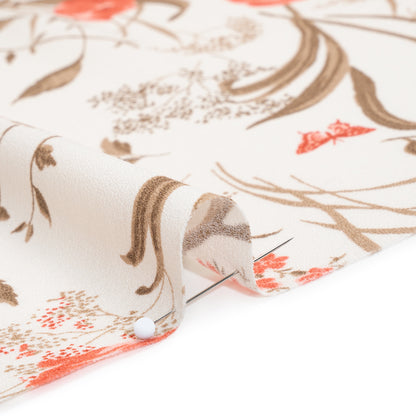 Sustainable Viscose Crepe Print - Tomato Red, Hazelnut Brown and Cream Floral - Designer Deadstock