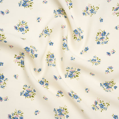 Sustainable Viscose Crepe Print - Steel Blue, Lilac Purple and Cream Floral - Designer Deadstock