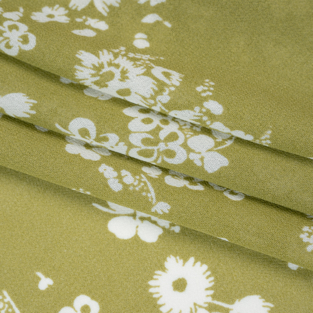 Viscose Georgette Print - Light Pistachio Green and White Floral - Designer Deadstock - Folded