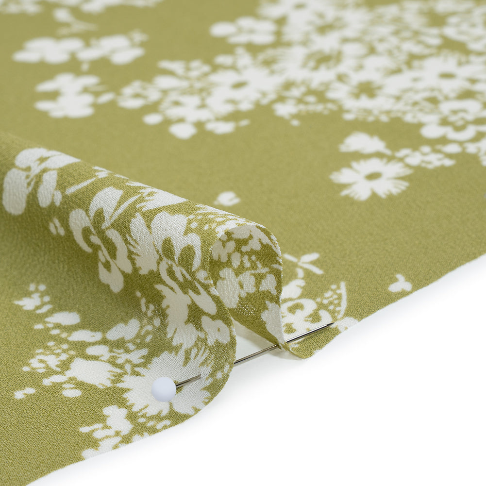 Viscose Georgette Print - Light Pistachio Green and White Floral - Designer Deadstock - Detail