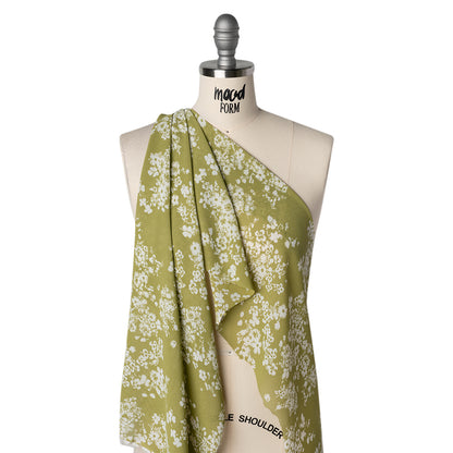 Viscose Georgette Print - Light Pistachio Green and White Floral - Designer Deadstock