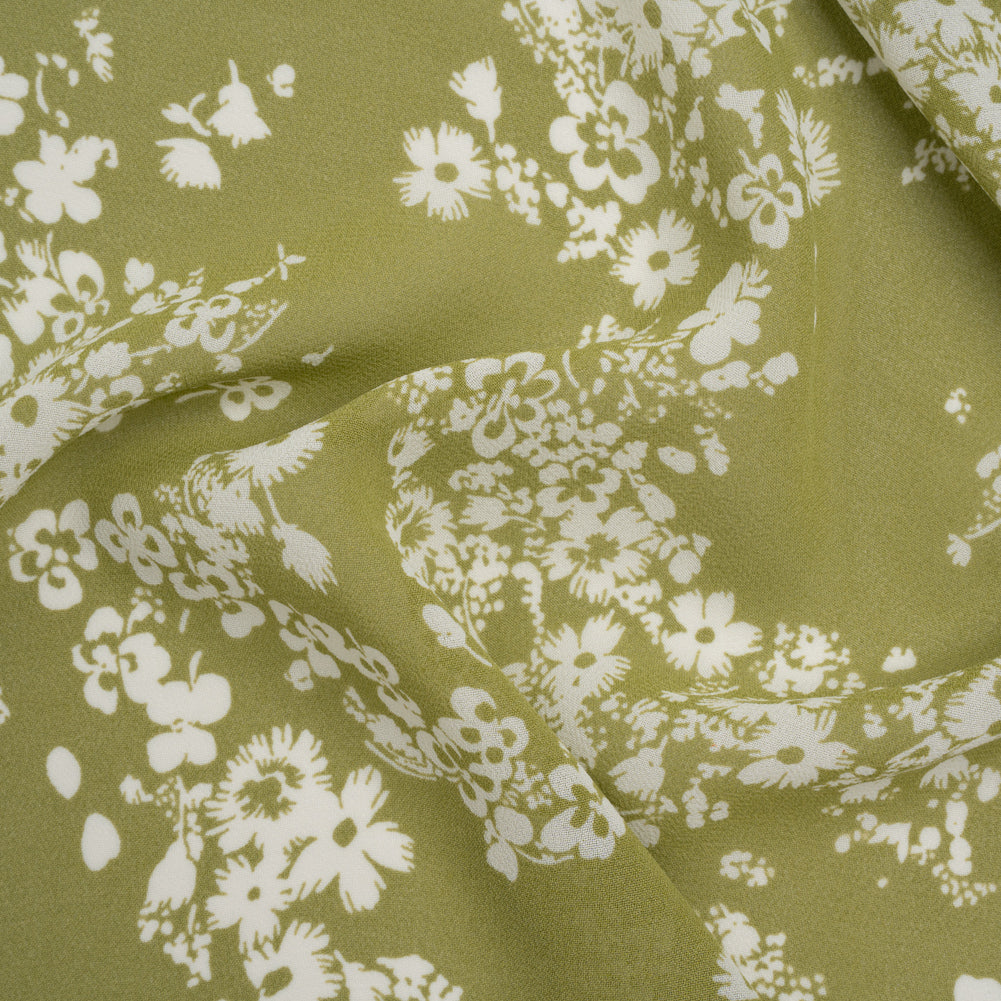 Viscose Georgette Print - Light Pistachio Green and White Floral - Designer Deadstock