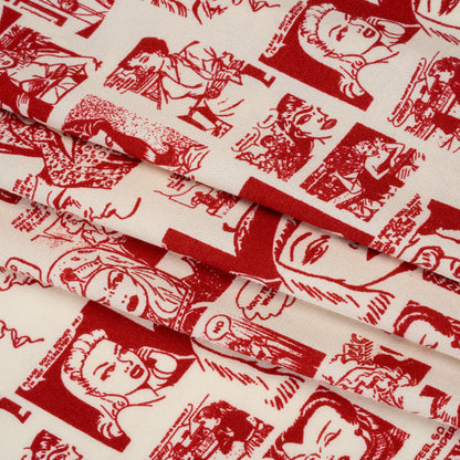 Sustainable Viscose Crepe Print - Lipstick Red and Cream Comic Book Illustration - Designer Deadstock
