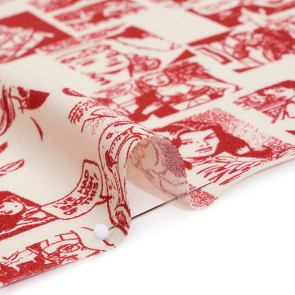 Sustainable Viscose Crepe Print - Lipstick Red and Cream Comic Book Illustration - Designer Deadstock