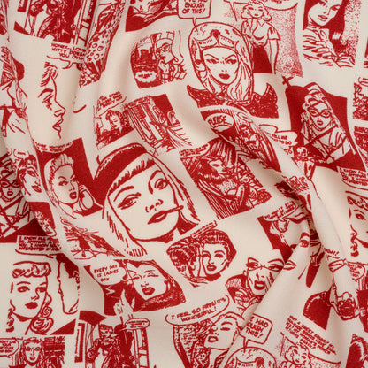 Sustainable Viscose Crepe Print - Lipstick Red and Cream Comic Book Illustration - Designer Deadstock