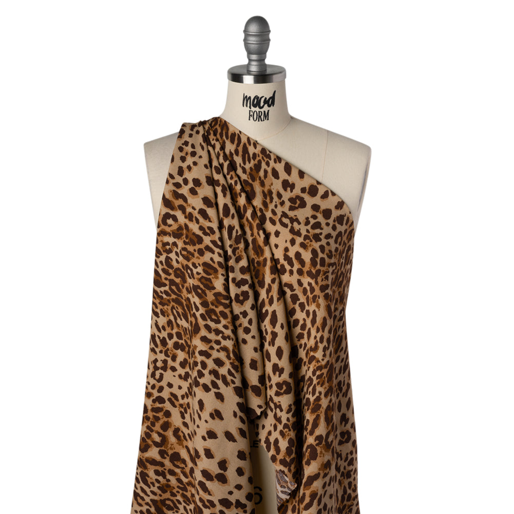 Sustainable Viscose Crepe Print - Chocolate Brown and Toffee Tan Leopard Spots - Designer Deadstock - Drape
