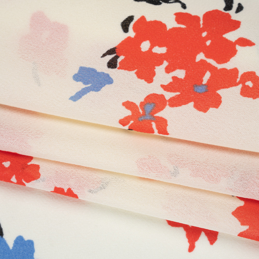 Viscose Georgette Print - Vivid Coral Red, Cornflower Blue and Cream Floral - Designer Deadstock - Folded