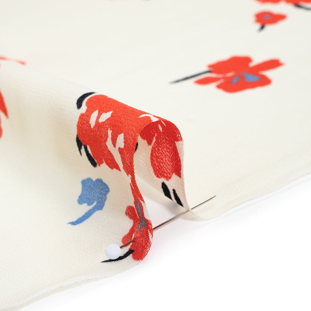 Viscose Georgette Print - Vivid Coral Red, Cornflower Blue and Cream Floral - Designer Deadstock - Detail