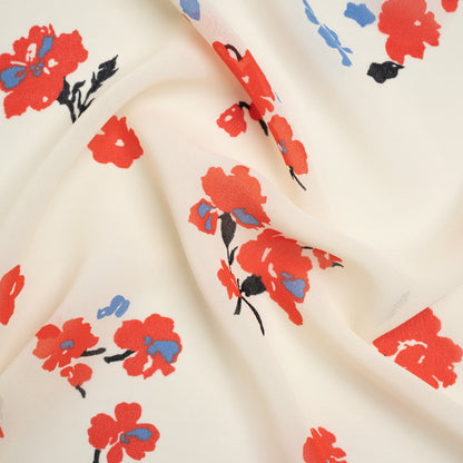 Viscose Georgette Print - Vivid Coral Red, Cornflower Blue and Cream Floral - Designer Deadstock